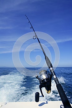 Fishing rod and reel on boat, fishing