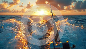 fishing rod with reel fixed on deck stern close up photo. Speed boat rides fast in open ocean waves Evening sunset time sport
