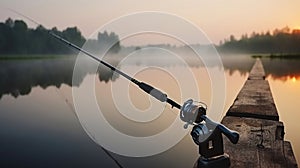 Fishing rod, spinning reel on the background pier river bank. Sunrise. Fog against the backdrop of lake. Generative AI