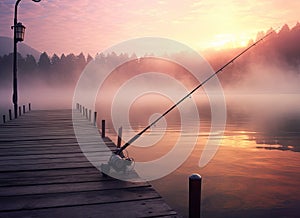 Fishing rod, spinning reel on the background pier river bank. Sunrise. Fog against the backdrop of lake. Misty morning