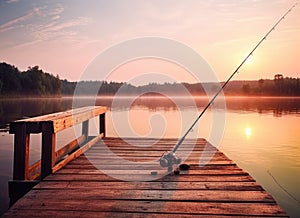 Fishing rod, spinning reel on the background pier river bank. Sunrise. Fog against the backdrop of lake. Misty morning