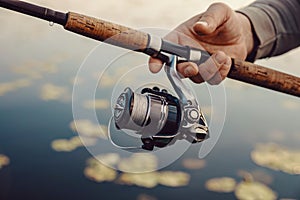 Fishing rod with a spinning reel in the hands of a fisherman.