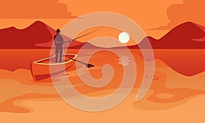 fishing with rod at sunrise, fishermen job lake, fisherman work boat, recent vector landscape illustration of fishing