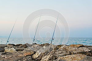 Fishing rods fixed to the rocks near the sea coast without fishermen.