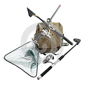 Fishing rods with reels and landing net.
