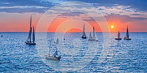 Fishing sailboats at sea at sunrise in the early morning ai Generated, generative AI, CGI graphics