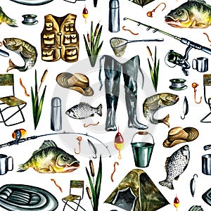 Fishing. Seamless pattern of fishing equipment. Watercolor. Design for fishing. Fishing rod, tent, vest, mug