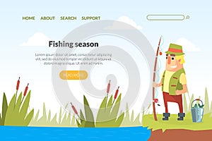 Fishing Season Landing Page Template, Funny Fisherman Character Standing on Lake Shore with Fishing Rod Cartoon Vector