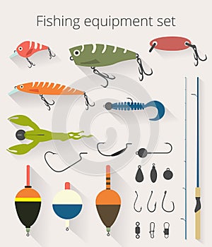 Fishing set of accessories for spinning fishing with crankbait lures and twisters and soft plastic bait fishing float photo