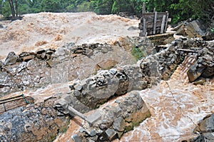 Fishing set at the Khone Phapheng falls on the Mekong River in Laos during the Monsoon flooding