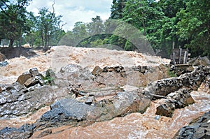 Fishing set at the Khone Phapheng falls on the Mekong River in Laos during the Monsoon flooding