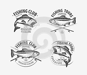 Fishing set of labels. Fishery logo or emblem. Vector illustration