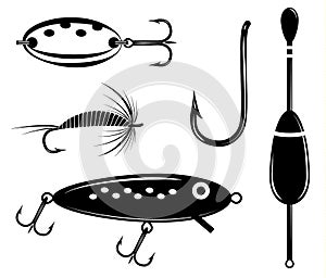 Fishing set vector. Artificial fly, wobbler, lure, float, hook photo