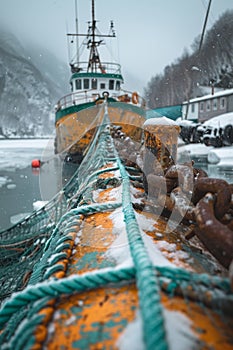 A fishing ship drags a net with fish in the sultry winter