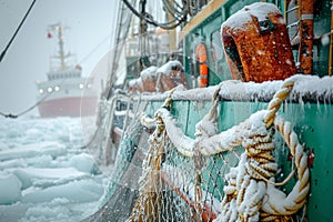 A fishing ship drags a net with fish in the sultry winter