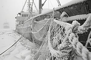 A fishing ship drags a net with fish in the sultry winter