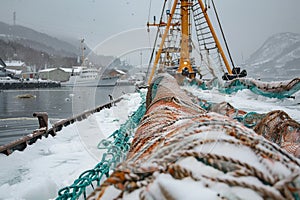 A fishing ship drags a net with fish in the sultry winter