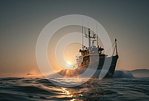 a fishing ship is moving under the sun