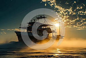 a fishing ship is moving under the sun