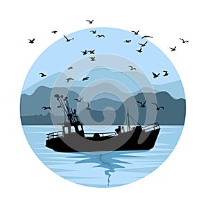 Fishing ship and seascape on circle isolated on white background. Sea shore with mountains and fishermen vessel silhouette.