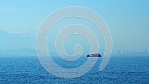 Fishing Ship Trawler At Day In The Sea. Ship Sailing Close Up Fishing Boat. Real time.