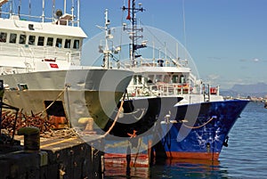 Fishing ships at pier in ocean photo