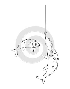 Fishing. Small fish that has swallowed the bait on the hook. Catch. Continuous line drawing. Vector illustration