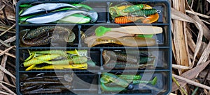 Fishing softbaits in fishing box.
