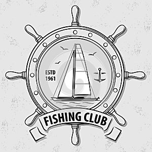 Fishing Sport Club logo with Sailing Ship and Steering Wheel.
