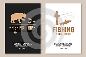 Fishing sport club. Vector illustration Flyer, brochure, banner, poster design with bear, fisherman and rainbow trout