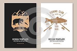 Fishing sport club. Vector illustration Flyer, brochure, banner, poster design with bear, fisherman and rainbow trout