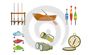 Fishing Sport Equipment Set, Fishing Rod, Wooden Boat, Tackle, Compass, Flashlight, Binoculars Vector Illustration
