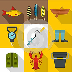 Fishing sport icons set, flat style