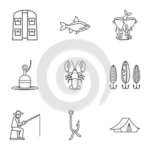 Fishing sport icons set, outline style