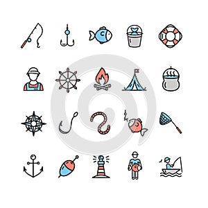 Fishing Sport and Leisure Color Icon Thin Line Set. Vector