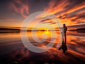 Fishing at sunset, a favorite hobby, a fisherman catches a predatory fish on the lake in the evening. Generative Ai