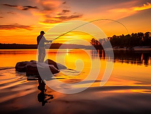 Fishing at sunset, a favorite hobby, a fisherman catches a predatory fish on the lake in the evening. Generative Ai