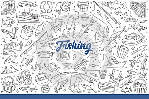 Fishing supplies and fish for fishermen interested in sportfishing. Hand drawn doodle.