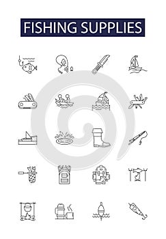 Fishing supplies line vector icons and signs. Reels, Lures, Hooks, Baits, Lines, Floats, Pliers, Nets outline vector
