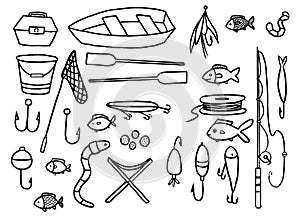 Fishing supplies set outlines.
