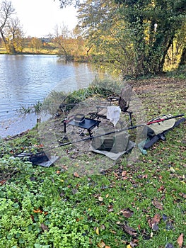 A fishing swim with anglers equipment.