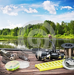 Fishing tackle and accessories on the table