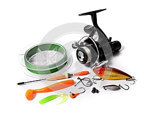fishing tackle angling equipment isolated on white photo