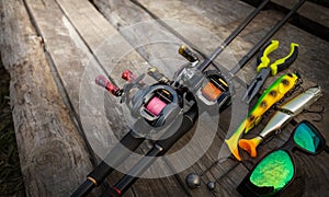 Fishing tackle background. Tools for big fish.