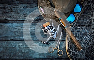 Fishing tackle background. Trout stream fishing.