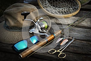 Fishing tackle background. Trout stream fishing.