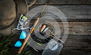 Fishing tackle background. Trout stream fishing.