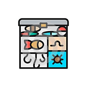 Fishing tackle box, hooks, baits flat color line icon.