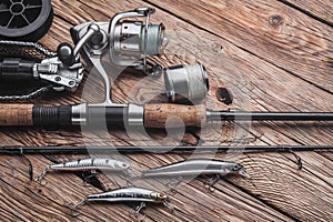Fishing tackle for catching predatory fish. Wobblers, spinning, reel, fishing line photo