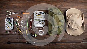 Fishing tackle - fishing spinning rod, hooks and lures on wooden background. Active hobby recreation concept